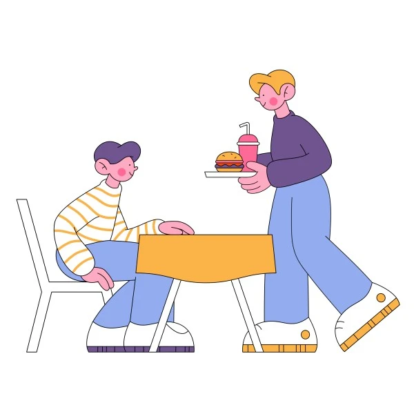 Ilustracija muškarca koji donosi hranu na pladnju drugom muškarcu za stol. Na pladnju je hamburger i sok